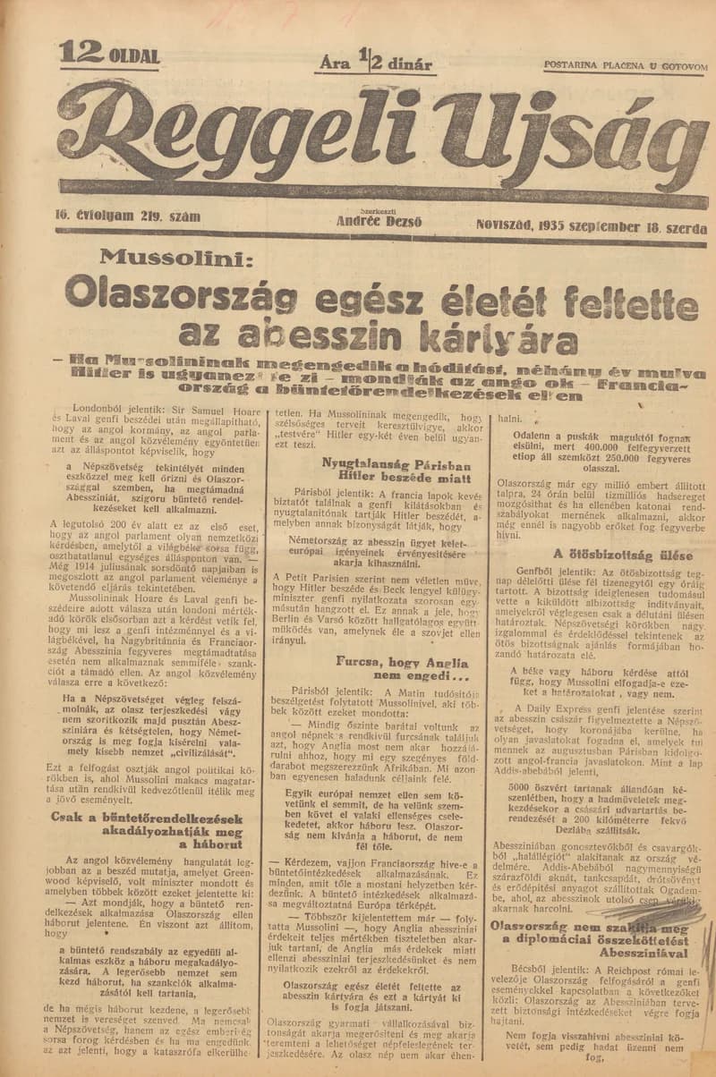 Reggeli Újság, 16. évf. 1935. szeptember 18. 219. sz.