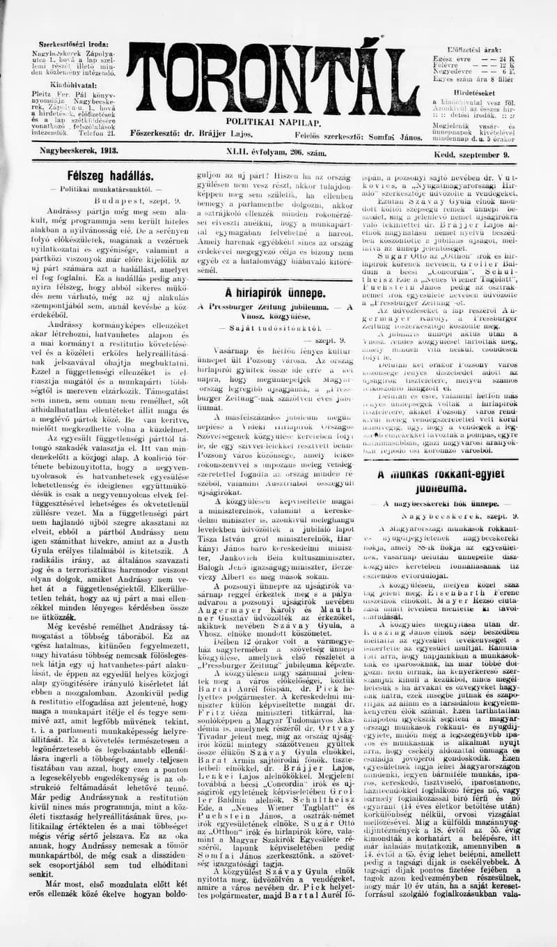 Torontál, 42. évf. 1913. szeptember 9. 206. sz.