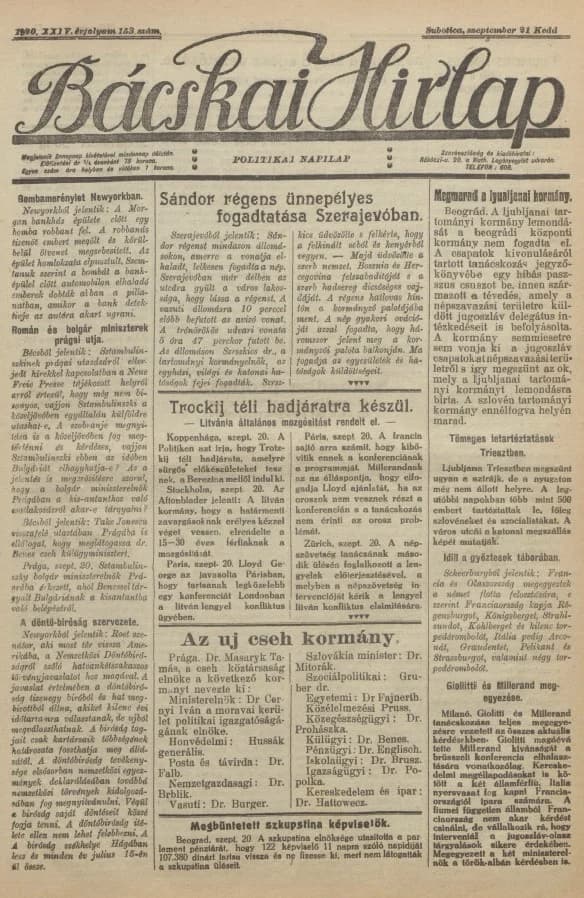 Bácskai Hirlap, 24. évf. 1920. szeptember 21. 153. sz.