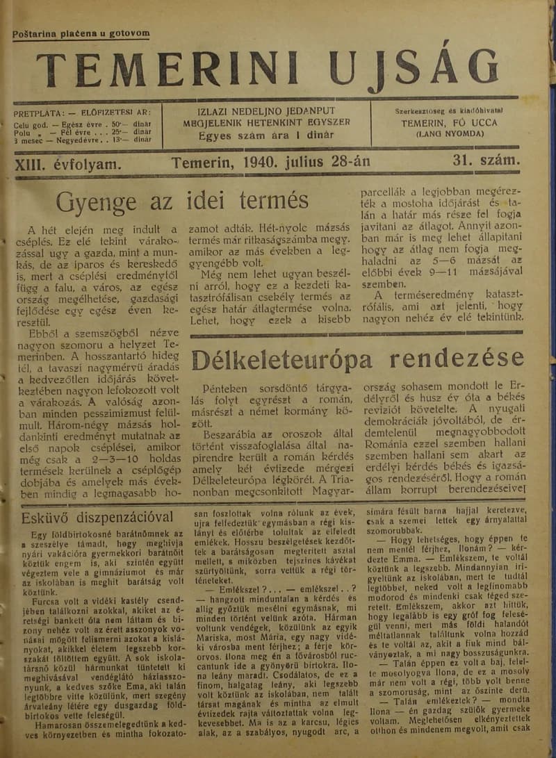 Temerini Újság 1928-1944, 13. évf. 1940. július 28. 31. sz.