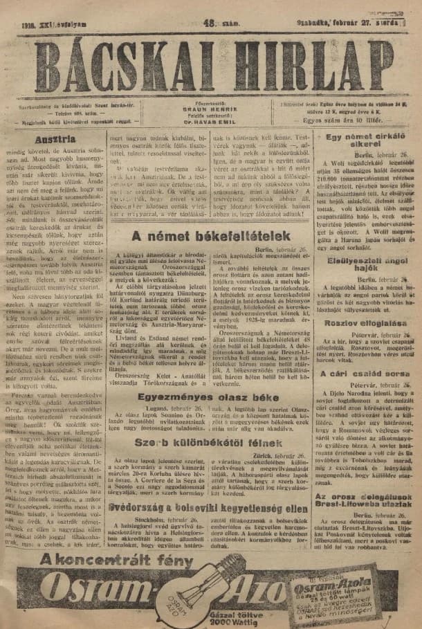 Bácskai Hirlap, 22. évf. 1918. február 27. 48. sz.