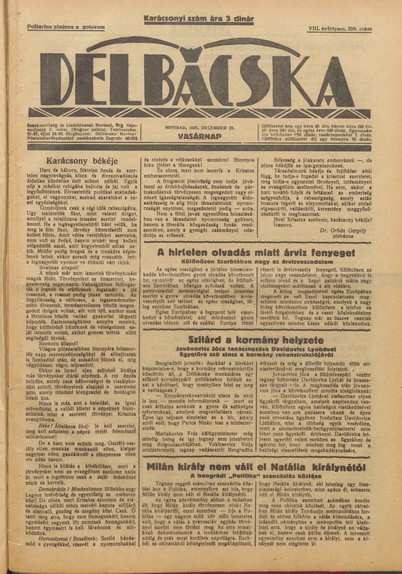 Délbácska, 8. évf. 1927. december 25. 298. sz.