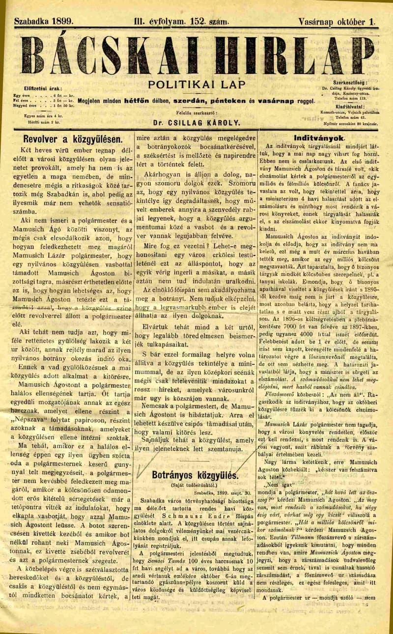 Bácskai Hirlap, 3. évf. 1899. október 1. 152. sz.