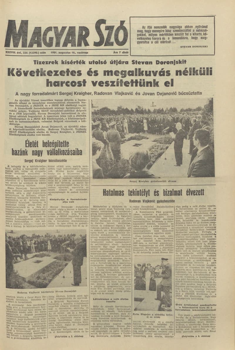 Magyar Szó, 38. évf. 1981. augusztus 16. 224. sz.
