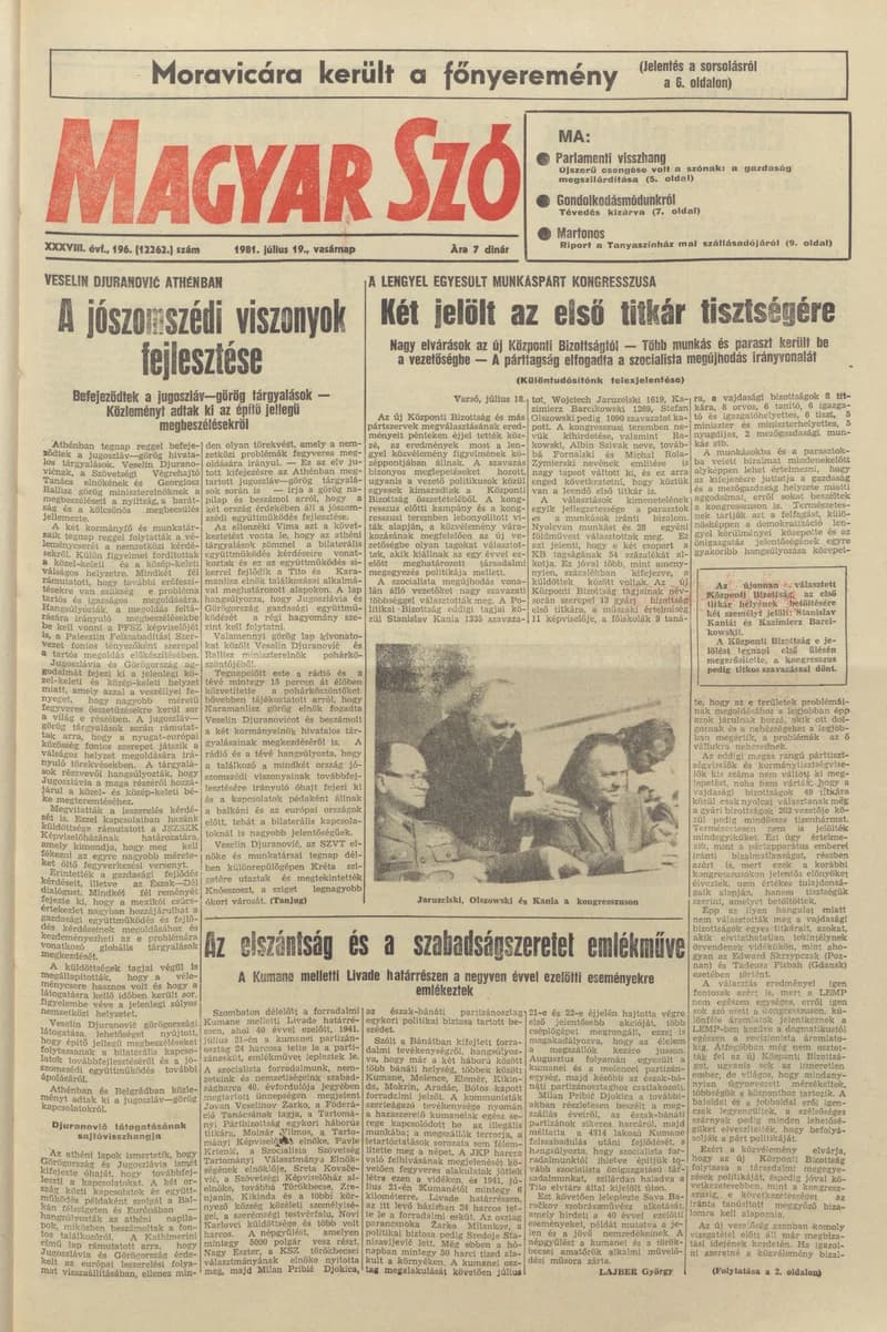 Magyar Szó, 38. évf. 1981. július 19. 196. sz.