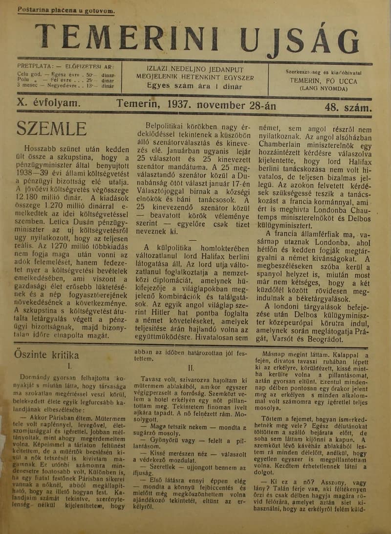 Temerini Újság 1928-1944, 10. évf. 1937. november 28. 48. sz.