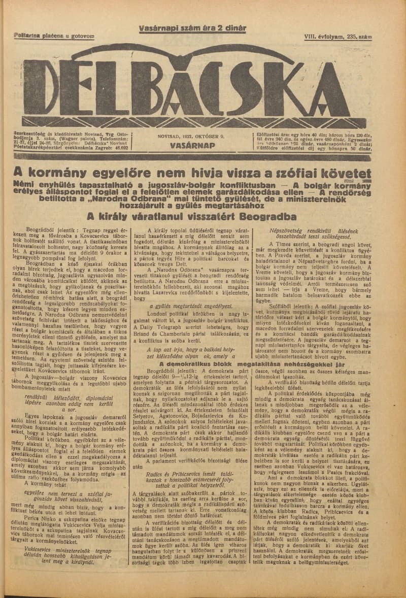 Délbácska, 8. évf. 1927. október 9. 235. sz.