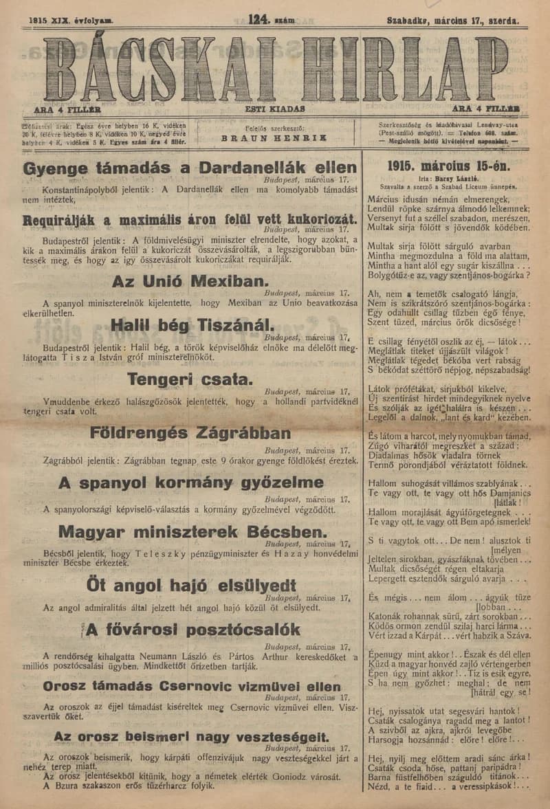 Bácskai Hirlap, 19. évf. 1915. március 17. 124. sz.