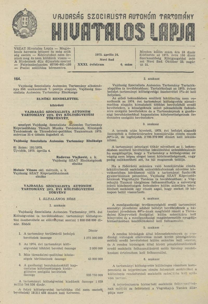 Vajdaság Szocialista Autonóm Tartomány Hivatalos Lapja, 31. évf. 1975. április 24. 6. sz. 205–252. oldal