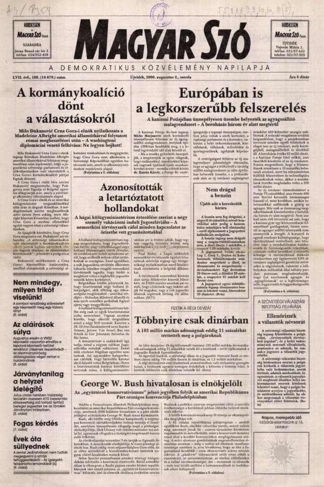 Magyar Szó, 57. évf. 2000. augusztus 2. 180. sz. 1–16. oldal