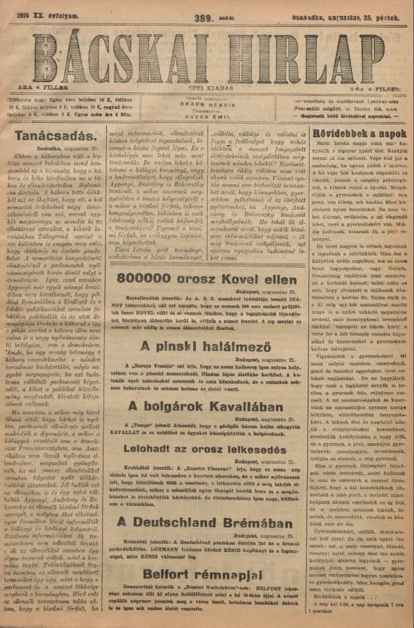 Bácskai Hirlap, 20. évf. 1916. augusztus 25. 388. sz.