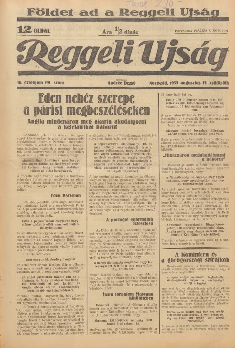 Reggeli Újság, 16. évf. 1935. augusztus 15. 191. sz.