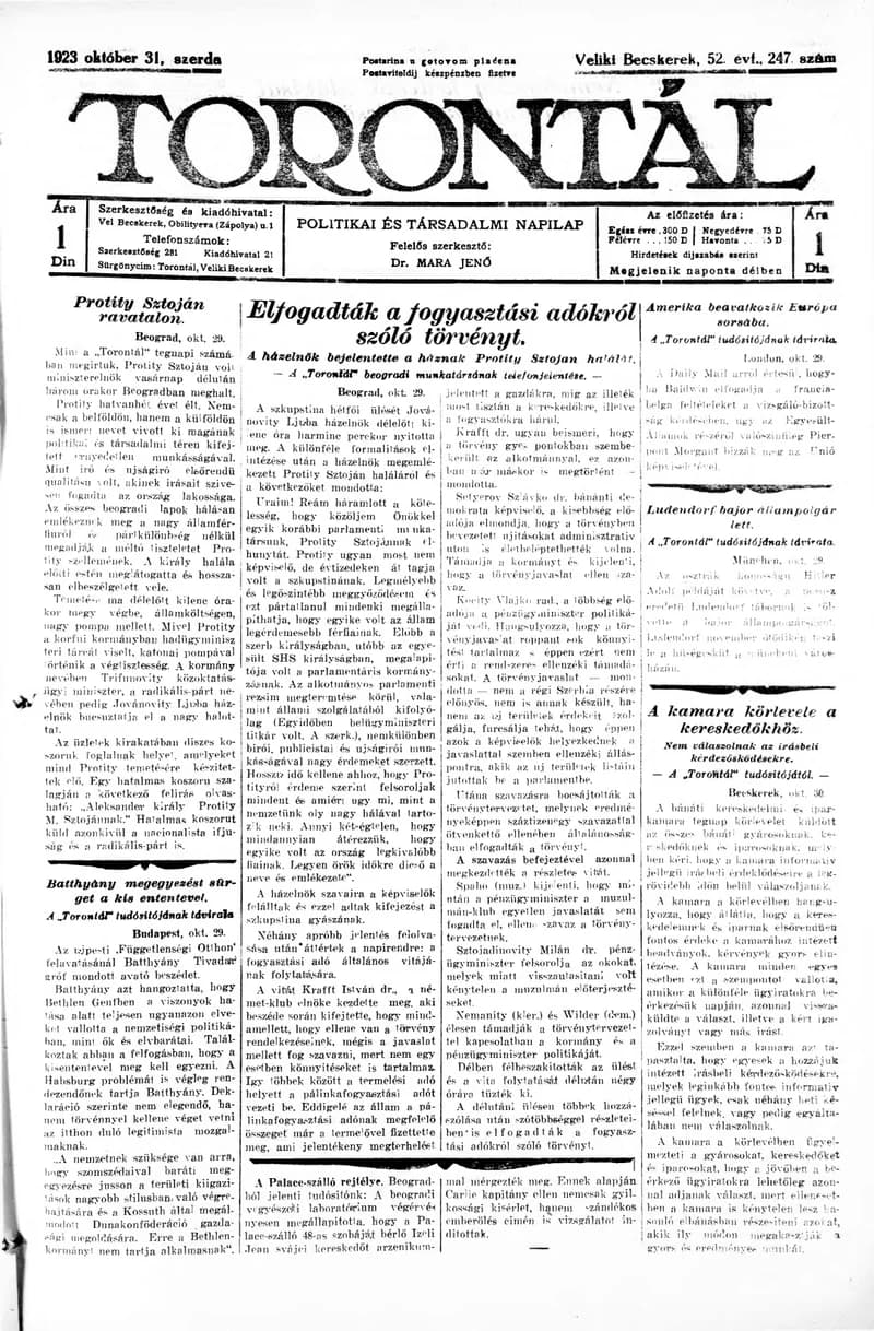 Torontál, 52. évf. 1923. október 31. 247. sz.