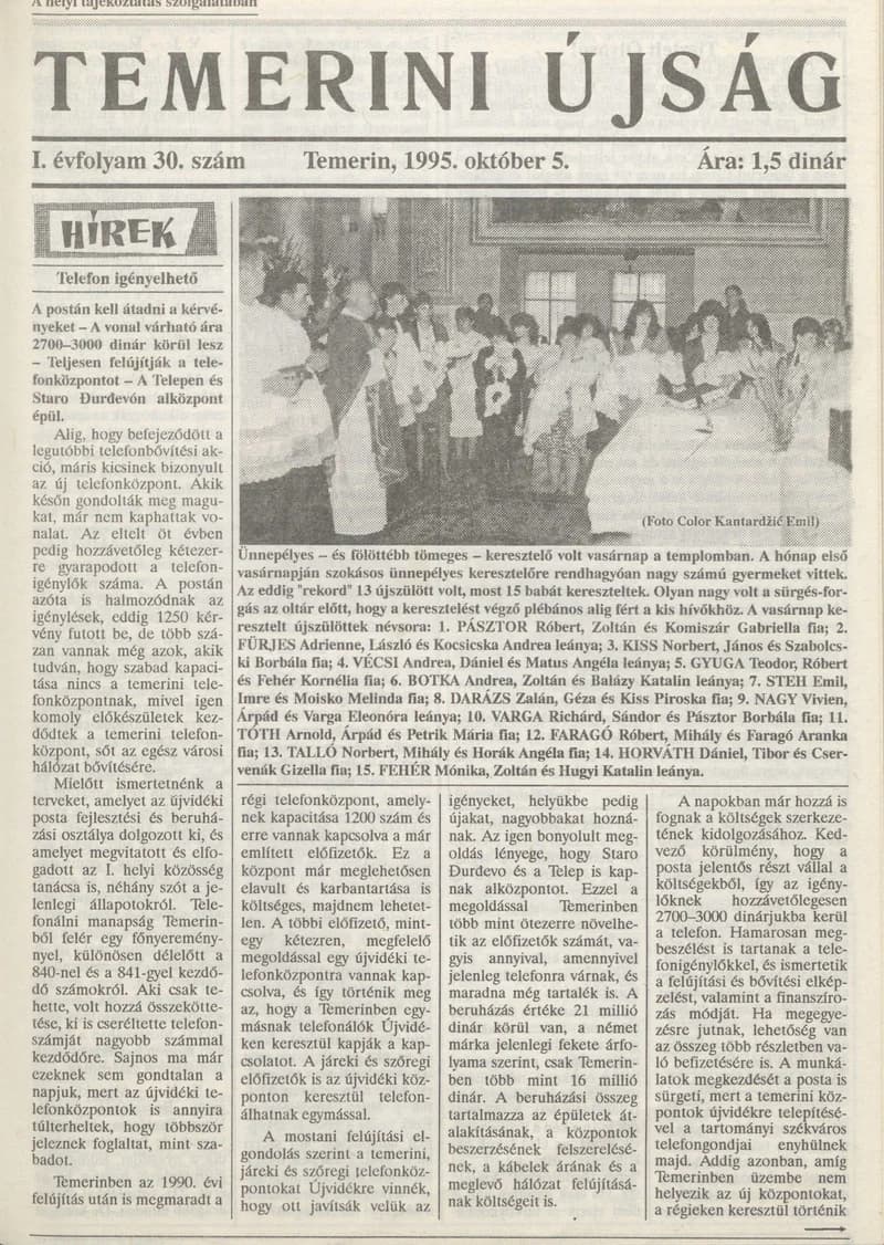 Temerini Újság, 1. évf. 1995. október 5. 30. sz.
