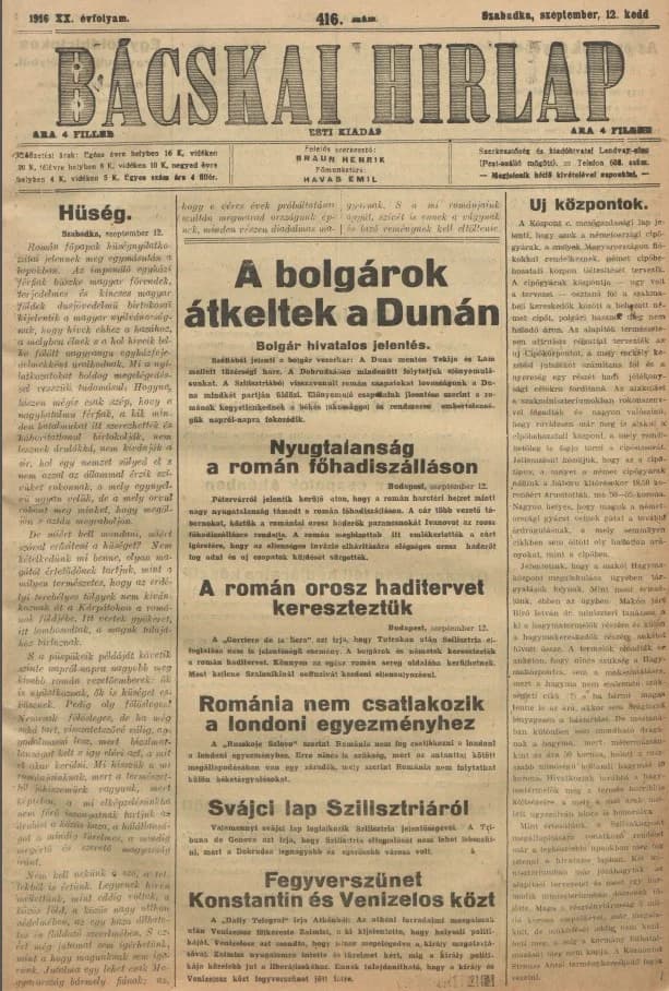 Bácskai Hirlap, 20. évf. 1916. szeptember 12. 416. sz.