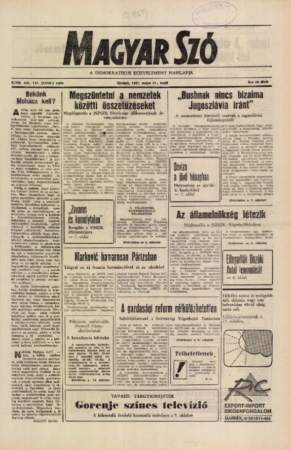 Magyar Szó, 48. évf. 1991. május 21. 137. sz. 1–20. oldal