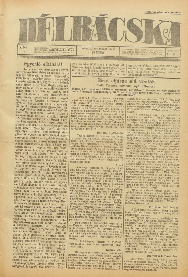 Délbácska, 5. évf. 1924. január 16. 13. sz.