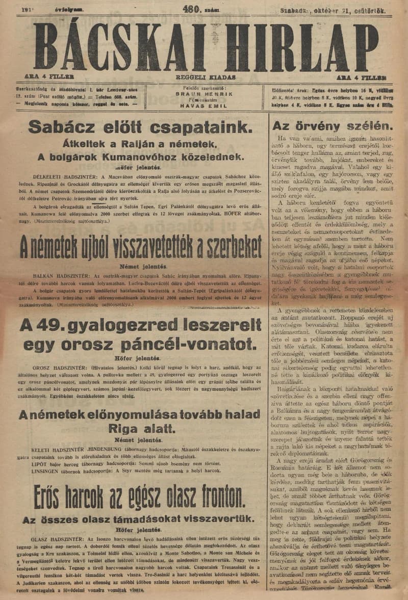 Bácskai Hirlap, 19. évf. 1915. október 21. 480. sz.