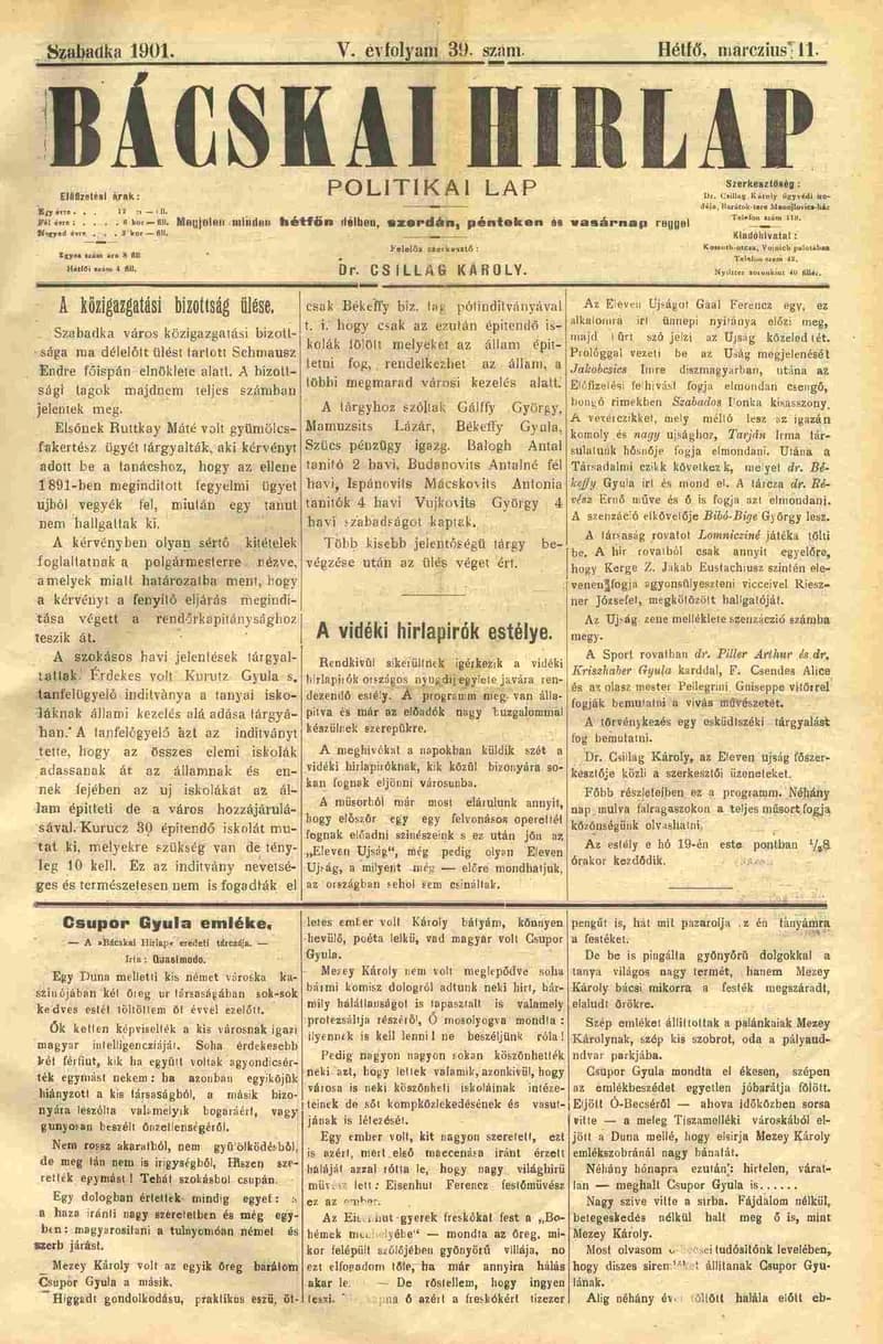 Bácskai Hirlap, 5. évf. 1901. március 11. 39. sz.
