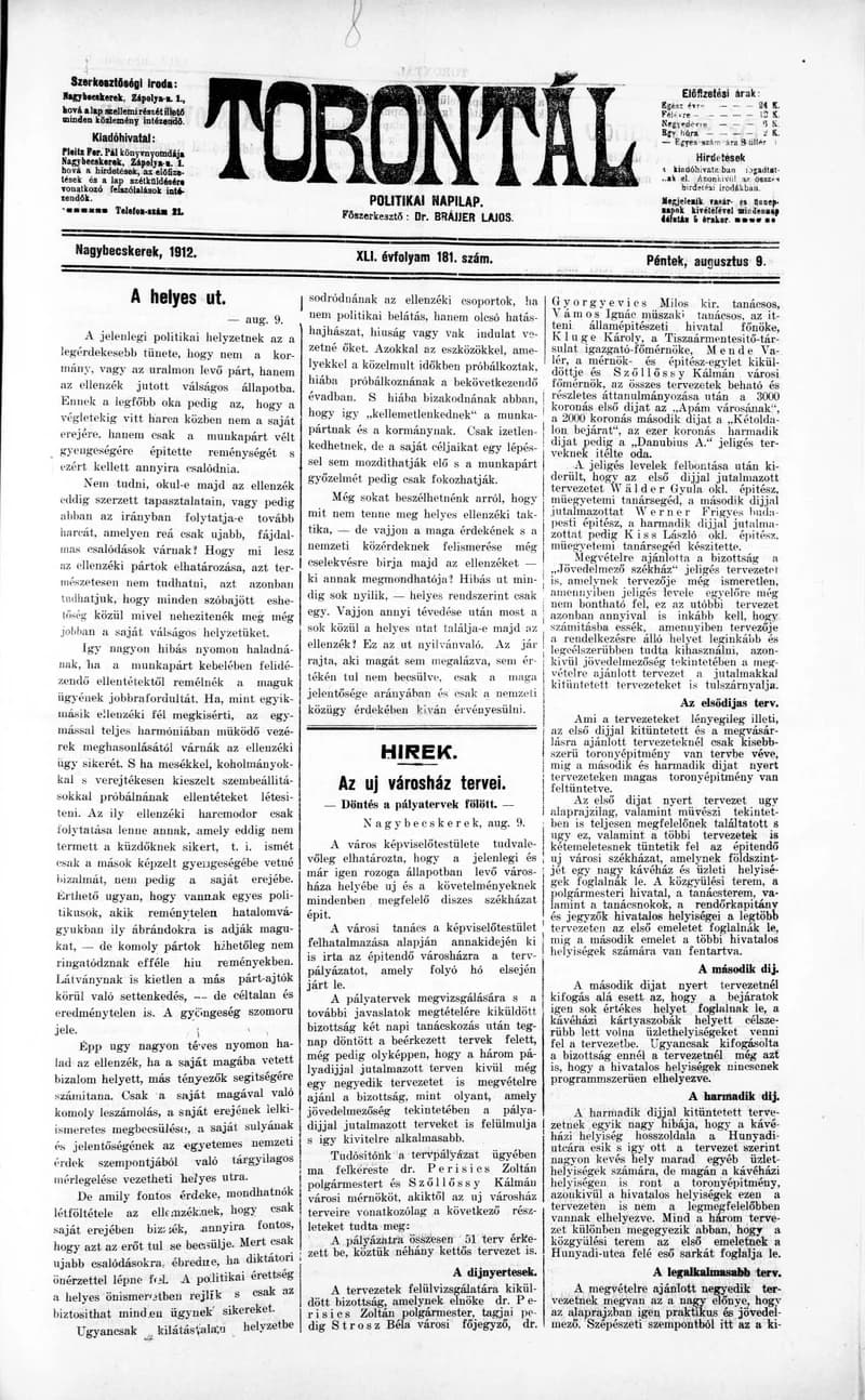 Torontál, 41. évf. 1912. augusztus 9. 181. sz.