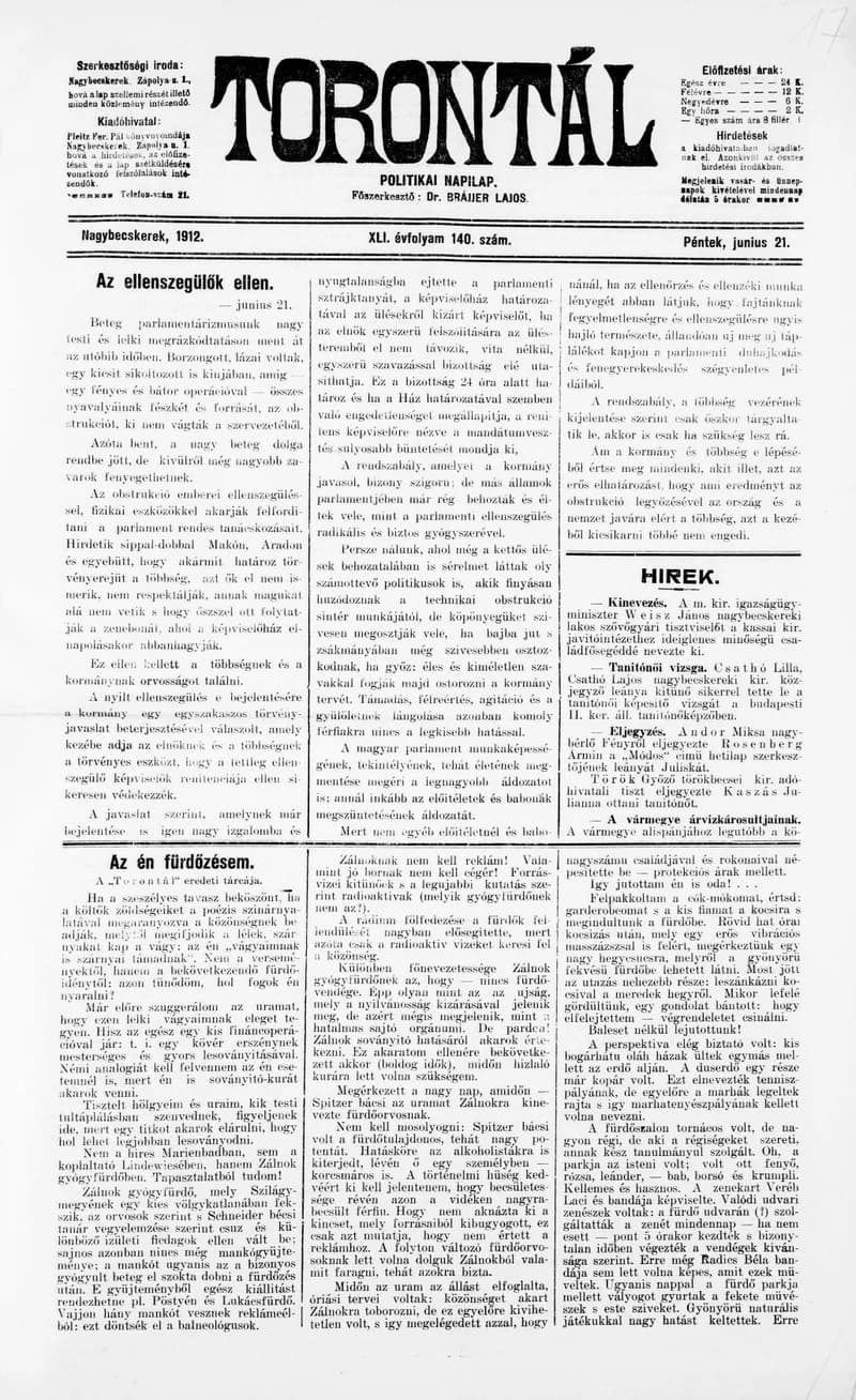 Torontál, 41. évf. 1912. június 21. 140. sz.