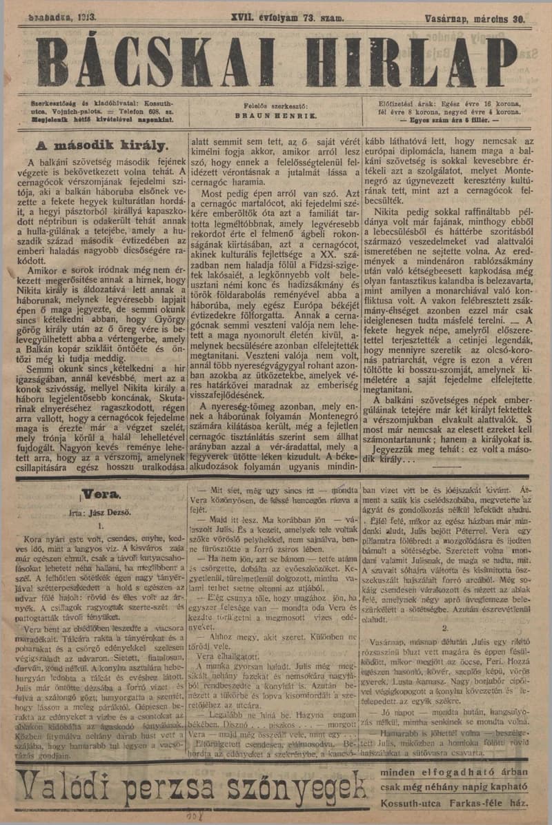 Bácskai Hirlap, 17. évf. 1913. március 30. 73. sz.