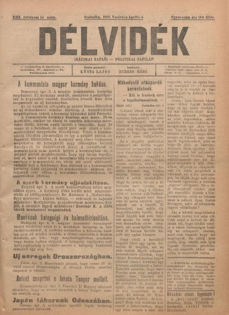 Délvidék, 13. évf. 1919. április 6. 55. sz.