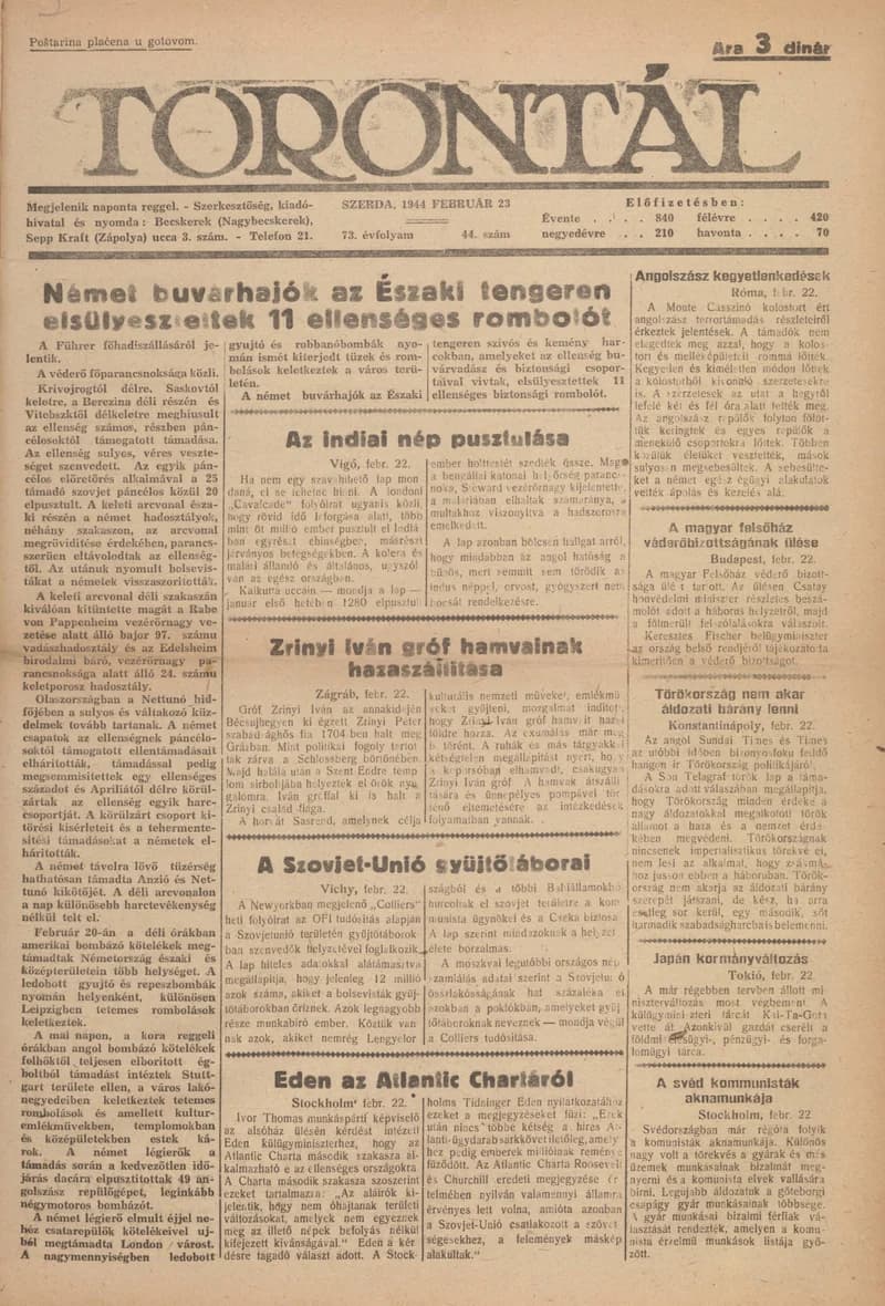 Torontál, 73. évf. 1944. február 23. 44. sz.
