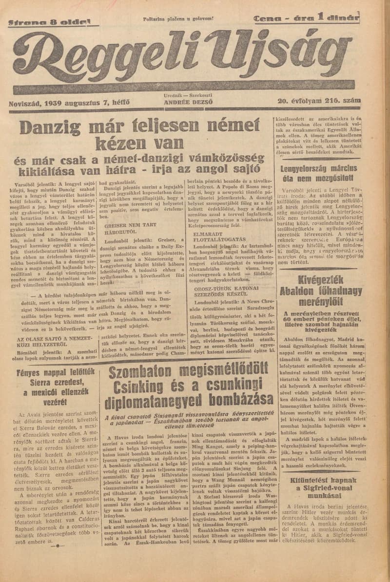 Reggeli Újság, 20. évf. 1939. augusztus 7. 216. sz.