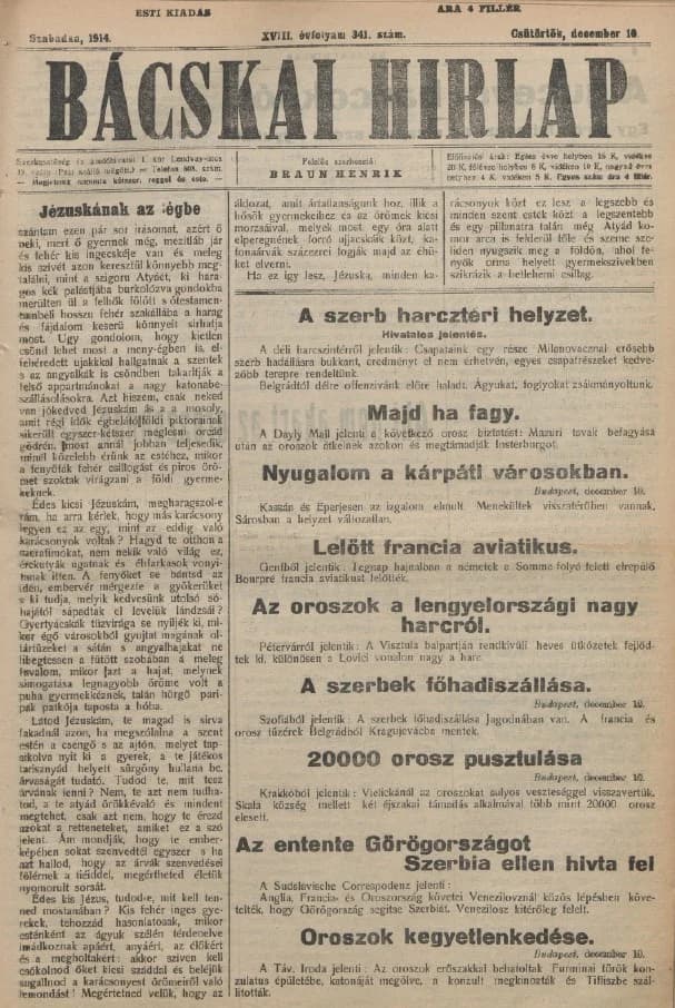 Bácskai Hirlap, 18. évf. 1914. december 10. 341. sz.