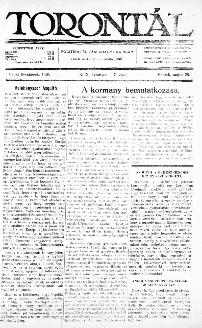 Torontál, 49. évf. 1920. május 28. 117. sz.