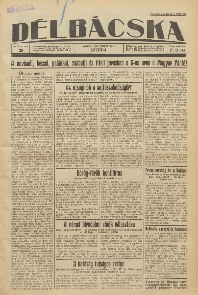 Délbácska, 4. évf. 1925. február 4. 28. sz.