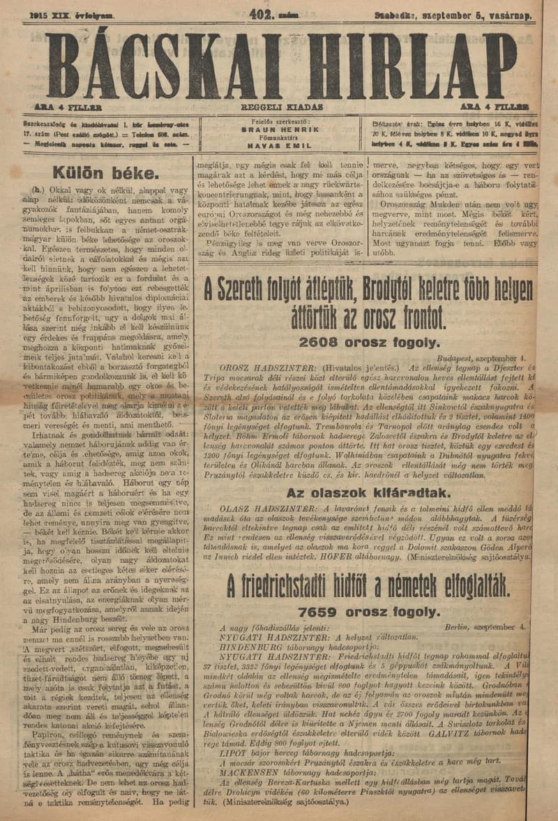 Bácskai Hirlap, 19. évf. 1915. szeptember 5. 404. sz.