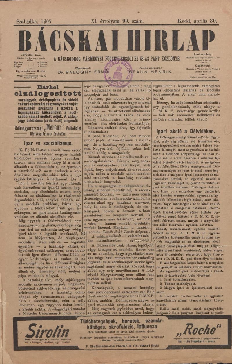 Bácskai Hirlap, 11. évf. 1907. április 30. 99. sz.
