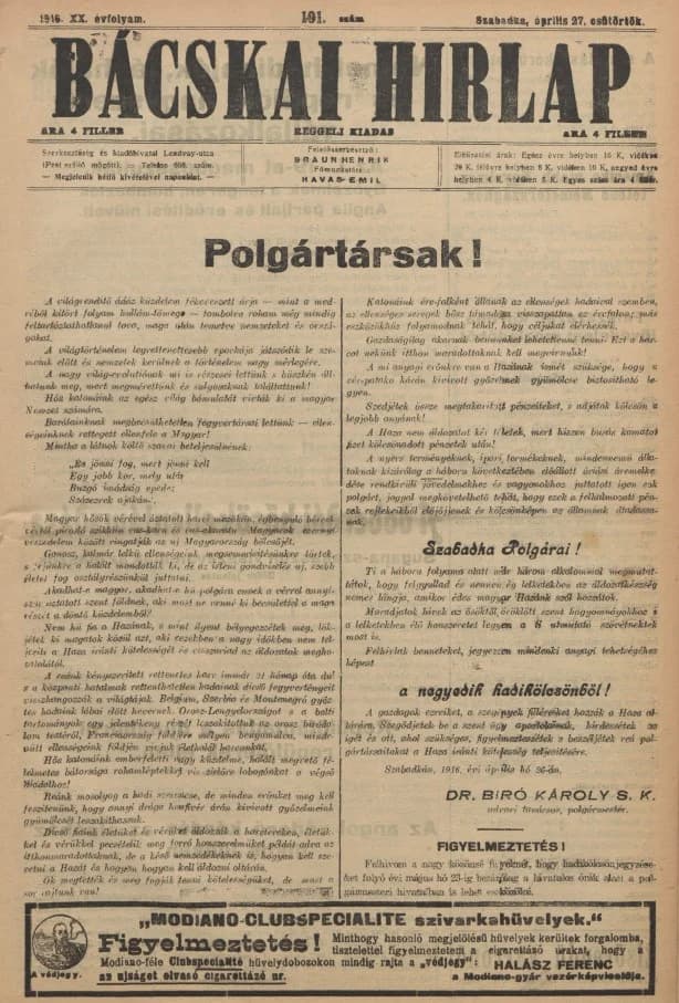 Bácskai Hirlap, 20. évf. 1916. április 27. 191. sz.
