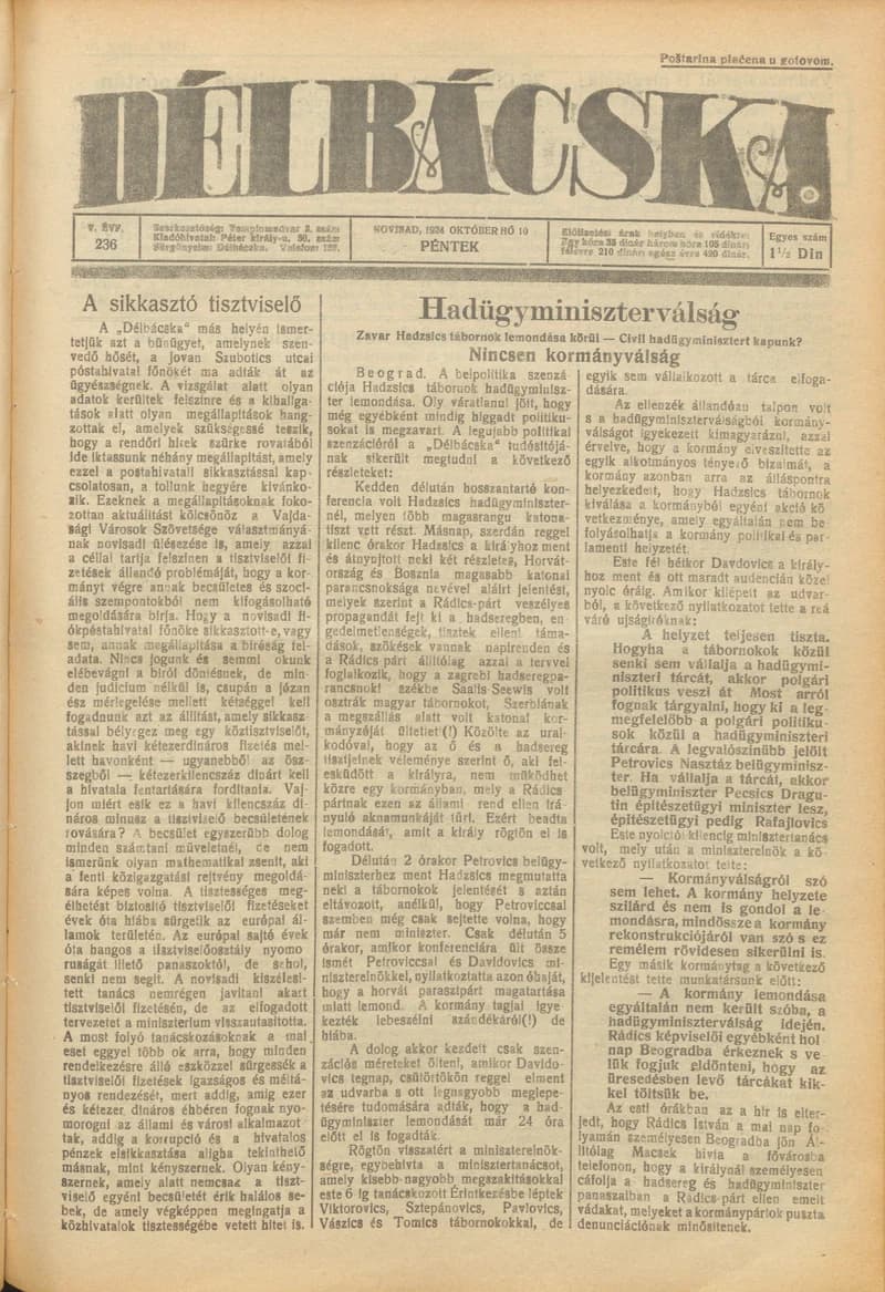 Délbácska, 5. évf. 1924. október 10. 236. sz.