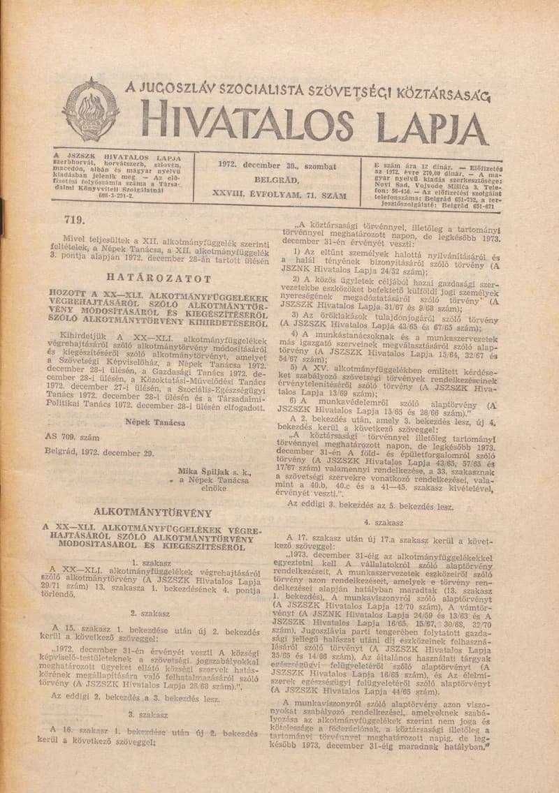 A Jugoszláv Szocialista Szövetségi Köztársaság Hivatalos Lapja, 28. évf. 1972. december 30. 71. sz. 1389–1484. oldal