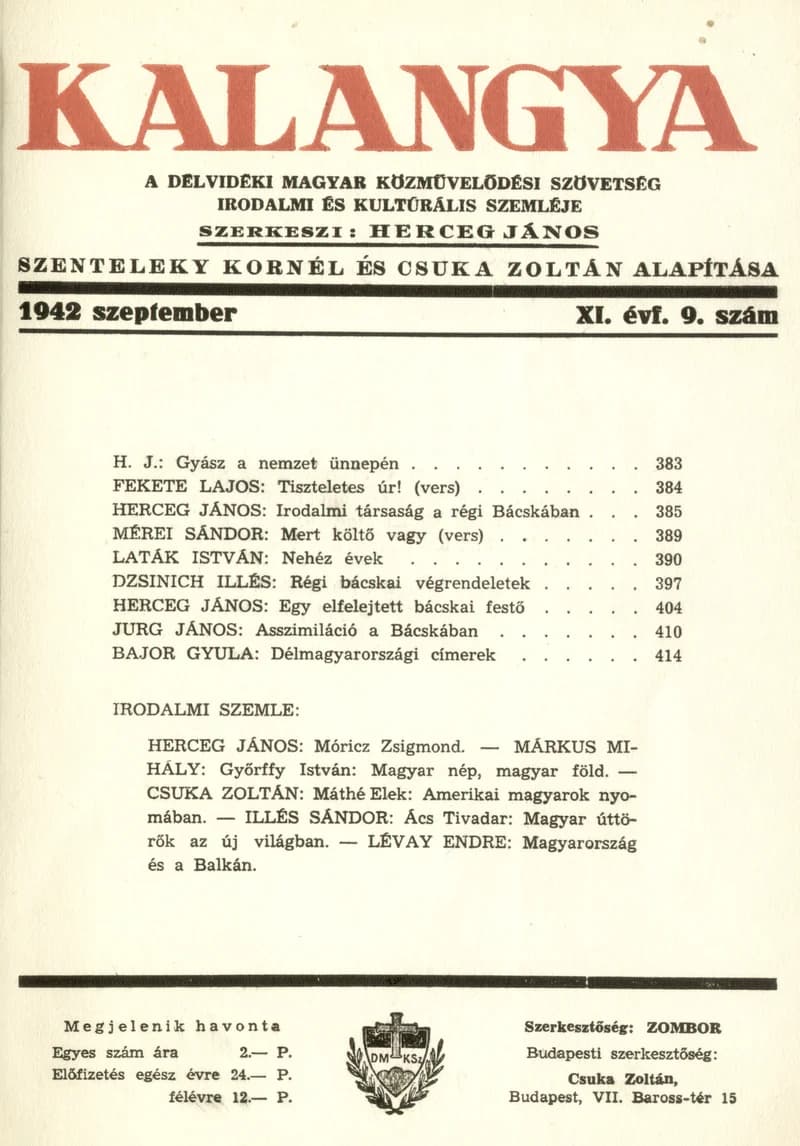 Kalangya, 11. évf. 1942. szeptember. 9. sz. 383–430. oldal