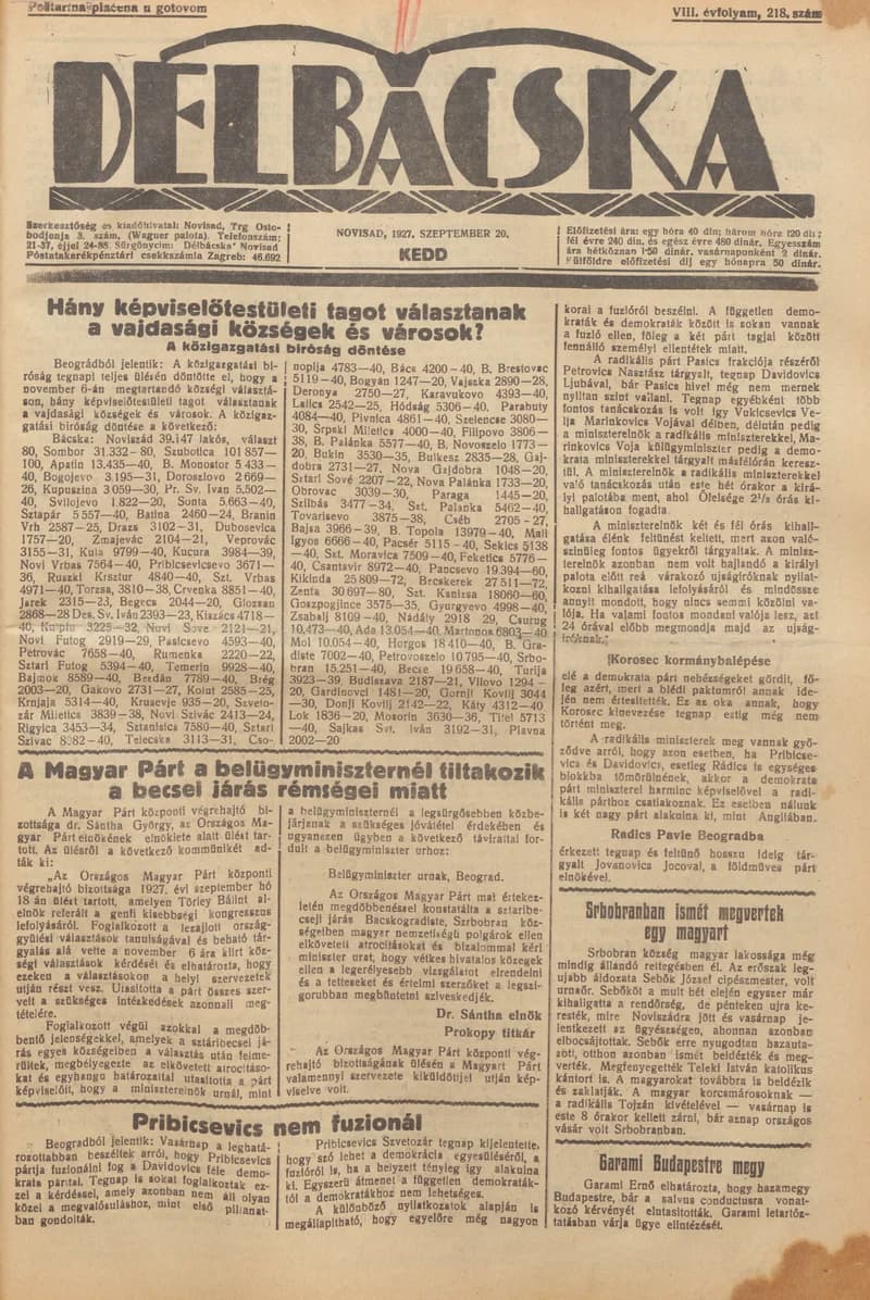 Délbácska, 8. évf. 1927. szeptember 20. 218. sz.