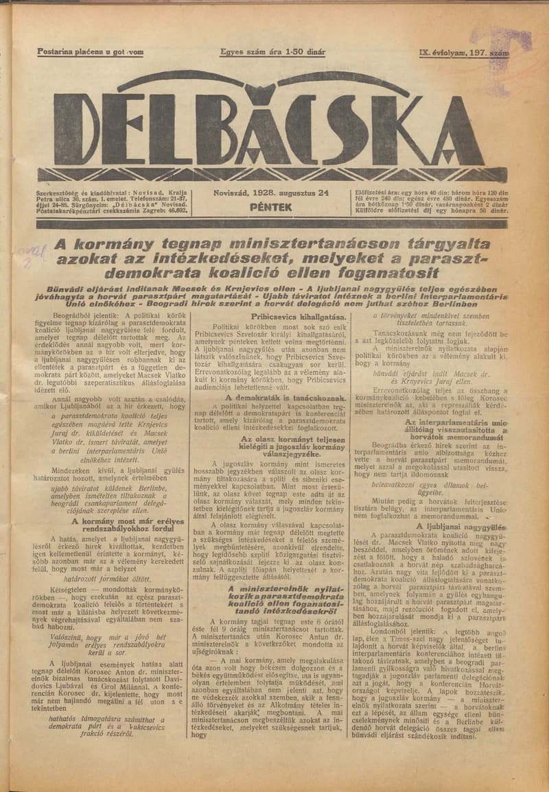 Délbácska, 9. évf. 1928. augusztus 24. 197. sz.