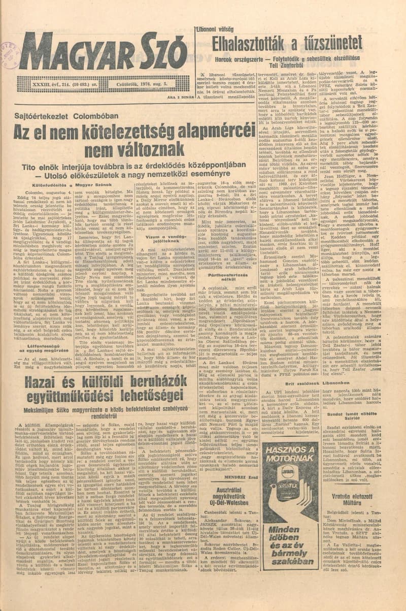Magyar Szó, 33. évf. 1976. augusztus 5. 214. sz. 1–16. oldal
