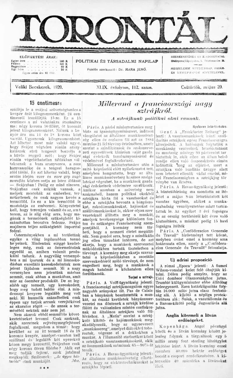 Torontál, 49. évf. 1920. május 20. 112. sz.