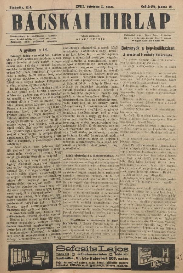 Bácskai Hirlap, 18. évf. 1914. január 15. 11. sz.
