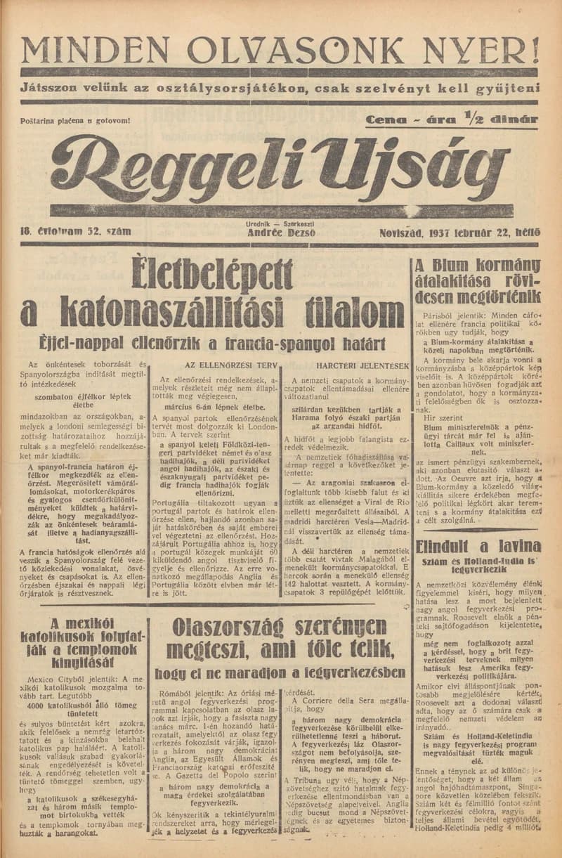 Reggeli Újság, 18. évf. 1937. február 22. 52. sz.