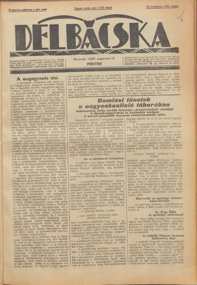 Délbácska, 9. évf. 1928. augusztus 17. 191. sz.