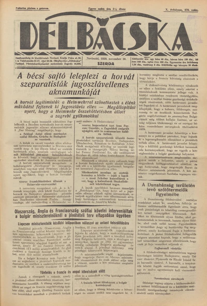 Délbácska, 10. évf. 1929. november 20. 270. sz.