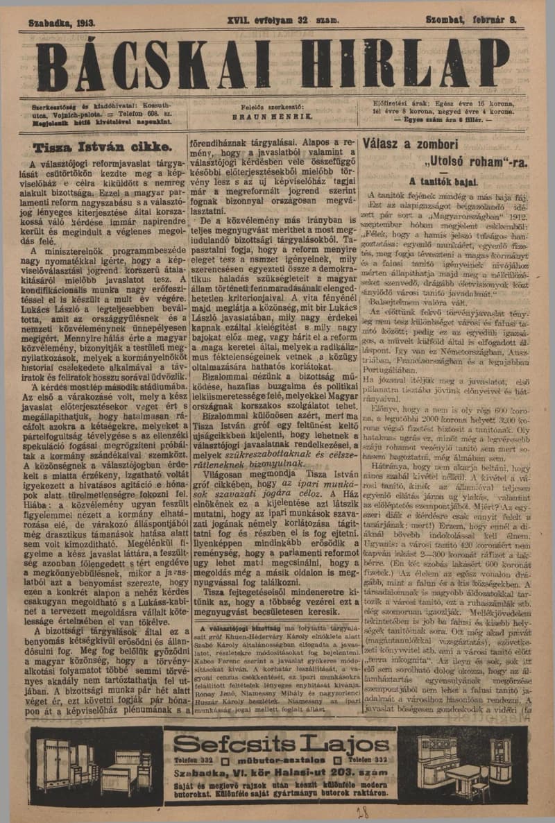 Bácskai Hirlap, 17. évf. 1913. február 8. 32. sz.