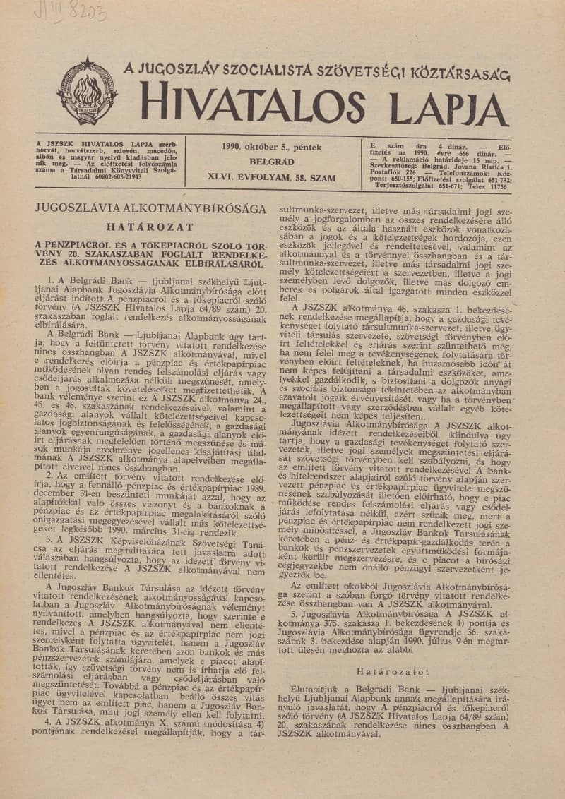 A Jugoszláv Szocialista Szövetségi Köztársaság Hivatalos Lapja, 46. évf. 1990. október 5. 58. sz. 1825–1828. oldal