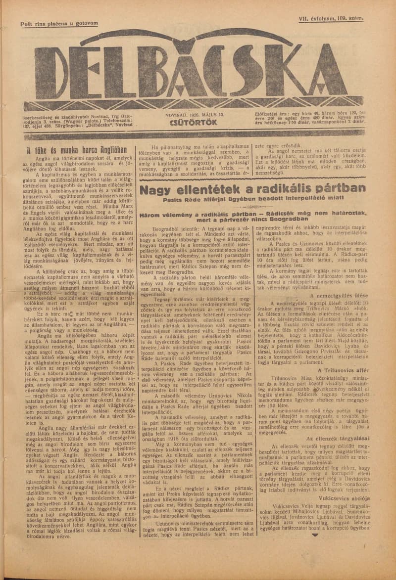 Délbácska, 7. évf. 1926. május 13. 109. sz.