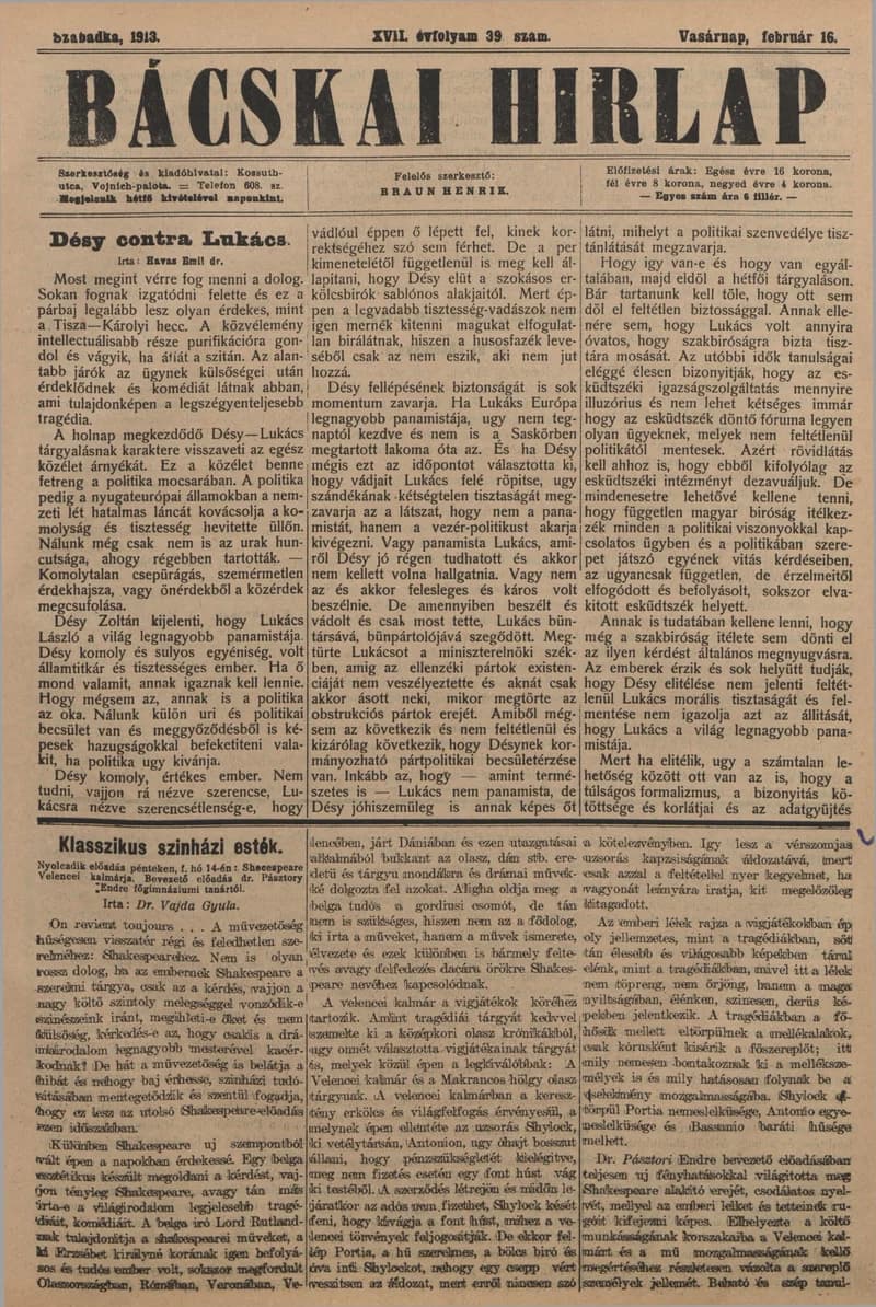 Bácskai Hirlap, 17. évf. 1913. február 16. 39. sz.